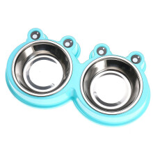 (Blue) 3Colors Frog Shape Pet Bowl Food Water Container Stainless Steel Dog Cat Feeder