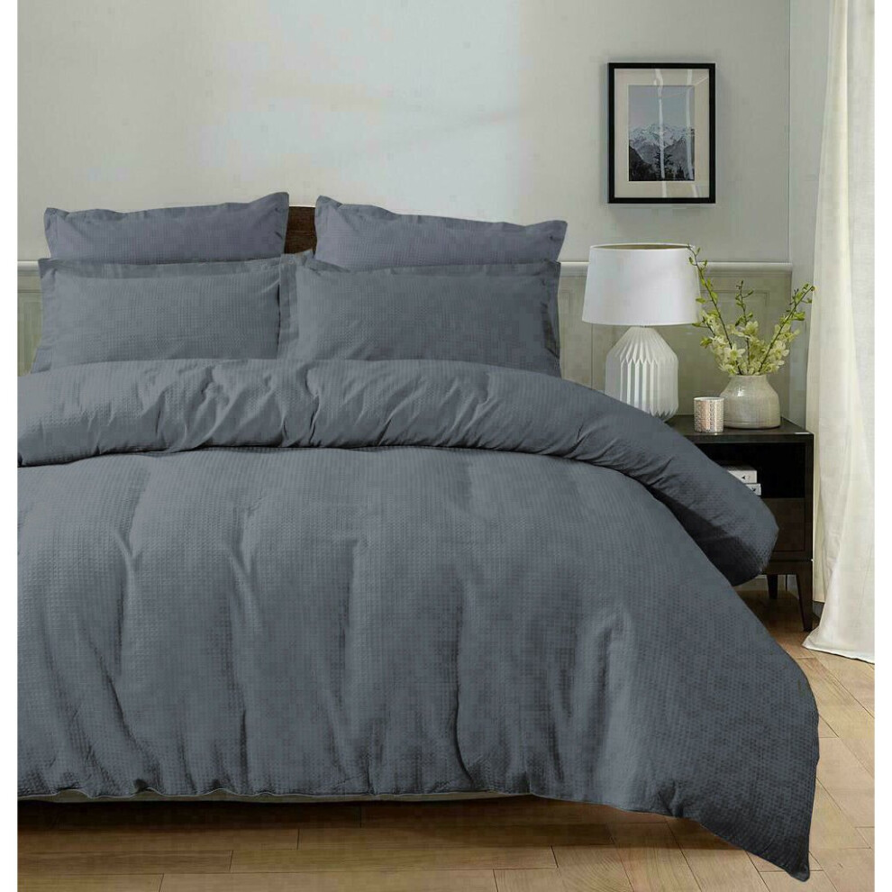 (Grey, King) Luxury Style Waffle 100% Cotton Duvet Cover Set