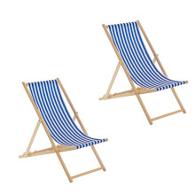 Set of 2 Wooden Sun Loungers Deck Chairs Garden Beach ( blue stripe )