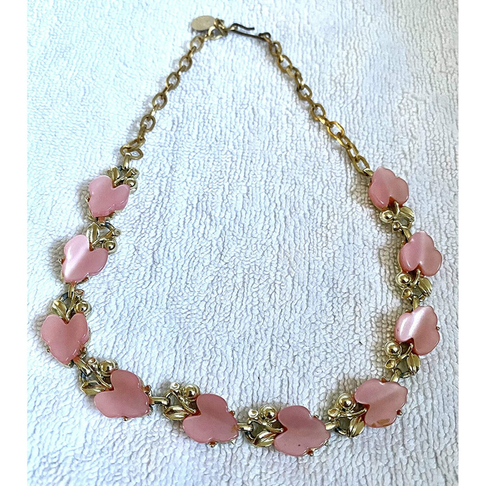 D Necklace With heart/Leaf shape Pink Stones - Golden Designer Style