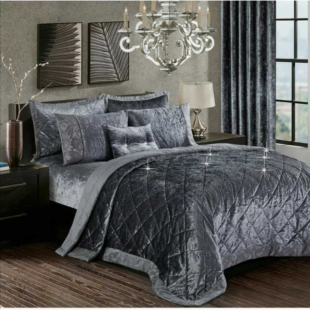 (Grey, King) Luxury Crushed Santiago Velvet Bedspread Quilted Comforter Bed Throw Bedding Set