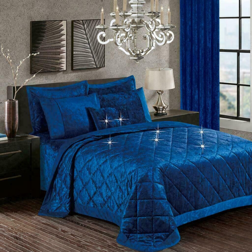 (Royal-Blue, Super King) Luxury Crushed Santiago Velvet Bedspread Quilted Comforter Bed Throw Bedding Set