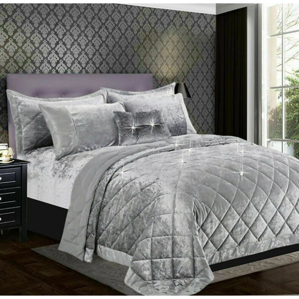 (Silver, Super King) Luxury Crushed Santiago Velvet Bedspread Quilted Comforter Bed Throw Bedding Set