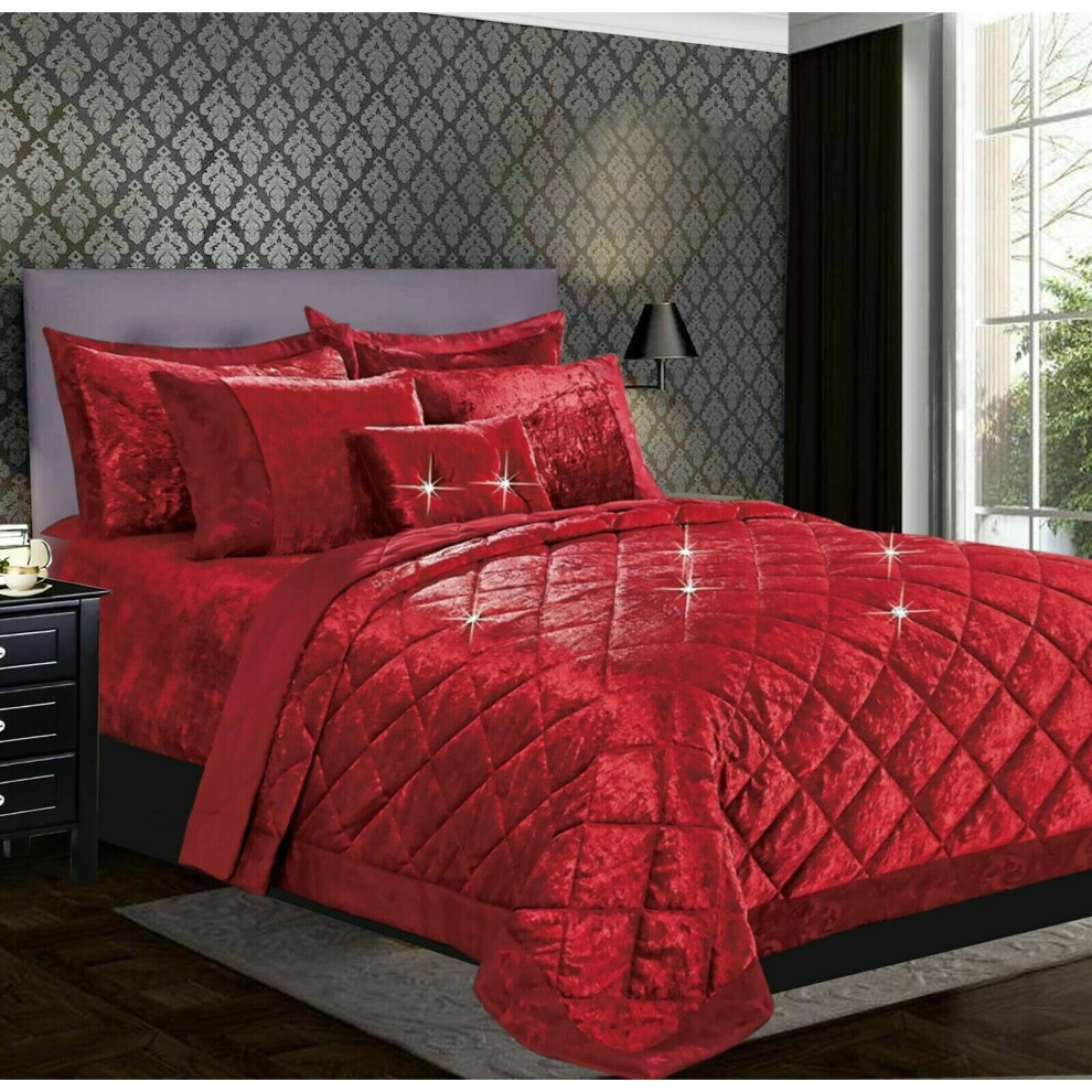 (Red, Super King) Luxury Crushed Santiago Velvet Bedspread Quilted Comforter Bed Throw Bedding Set