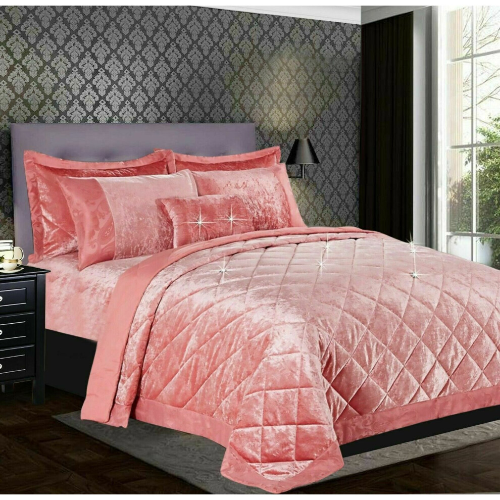 (Pink, Super King) Luxury Crushed Santiago Velvet Bedspread Quilted Comforter Bed Throw Bedding Set