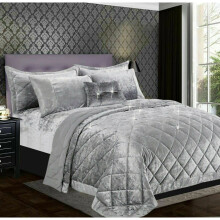 (Silver, Double) Luxury Crushed Santiago Velvet Bedspread Quilted Comforter Bed Throw Bedding Set