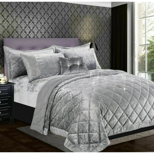(Silver, Double) Luxury Crushed Santiago Velvet Bedspread Quilted Comforter Bed Throw Bedding Set