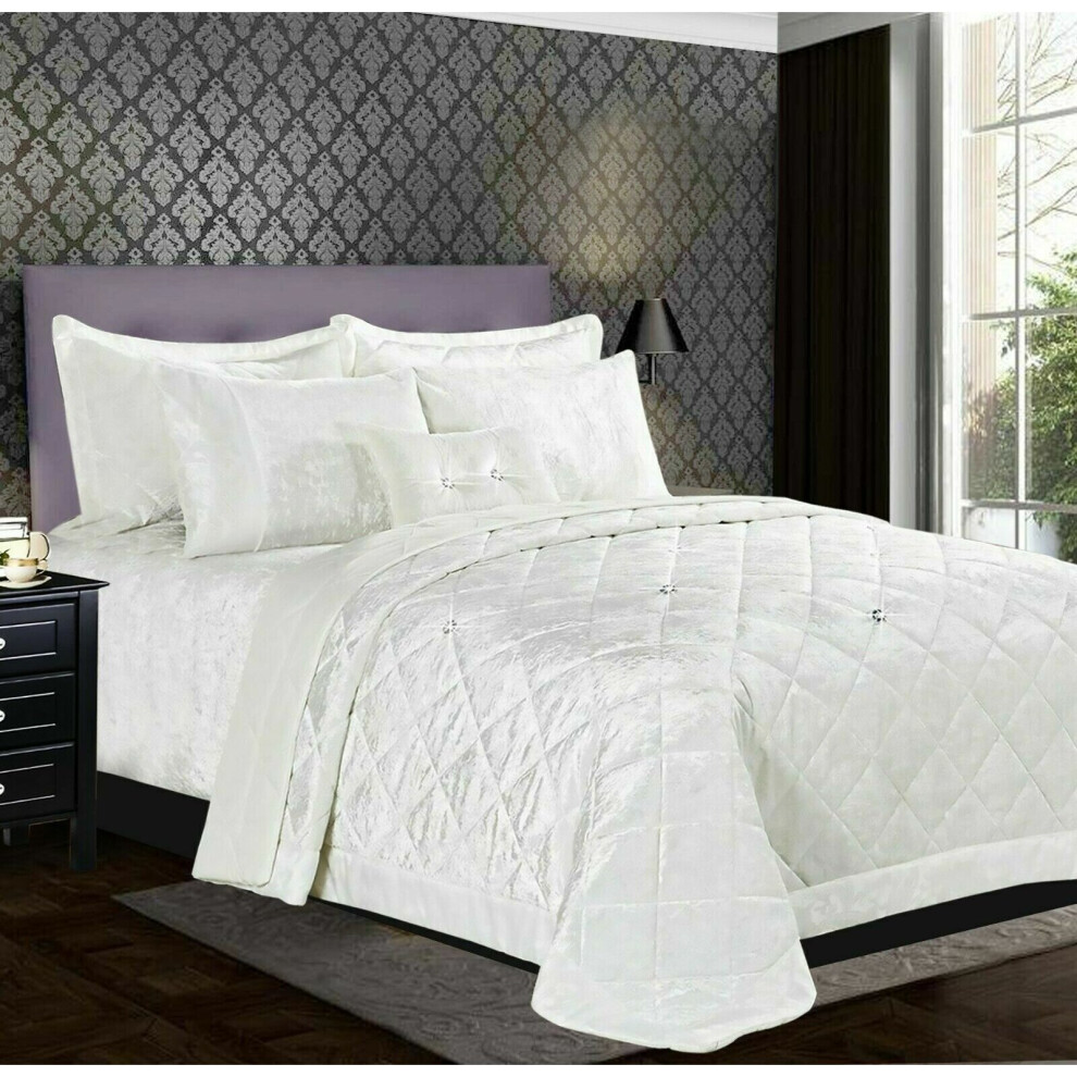 (White, Double) Luxury Crushed Santiago Velvet Bedspread Quilted Comforter Bed Throw Bedding Set