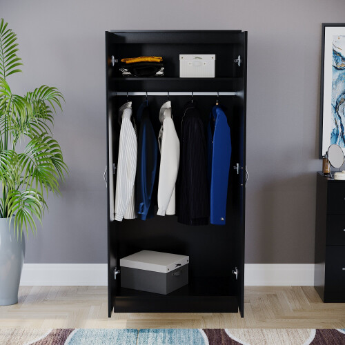 Home Discount (Black) Riano 2 Door Wardrobe Hanging Rail Shelf Storage 2