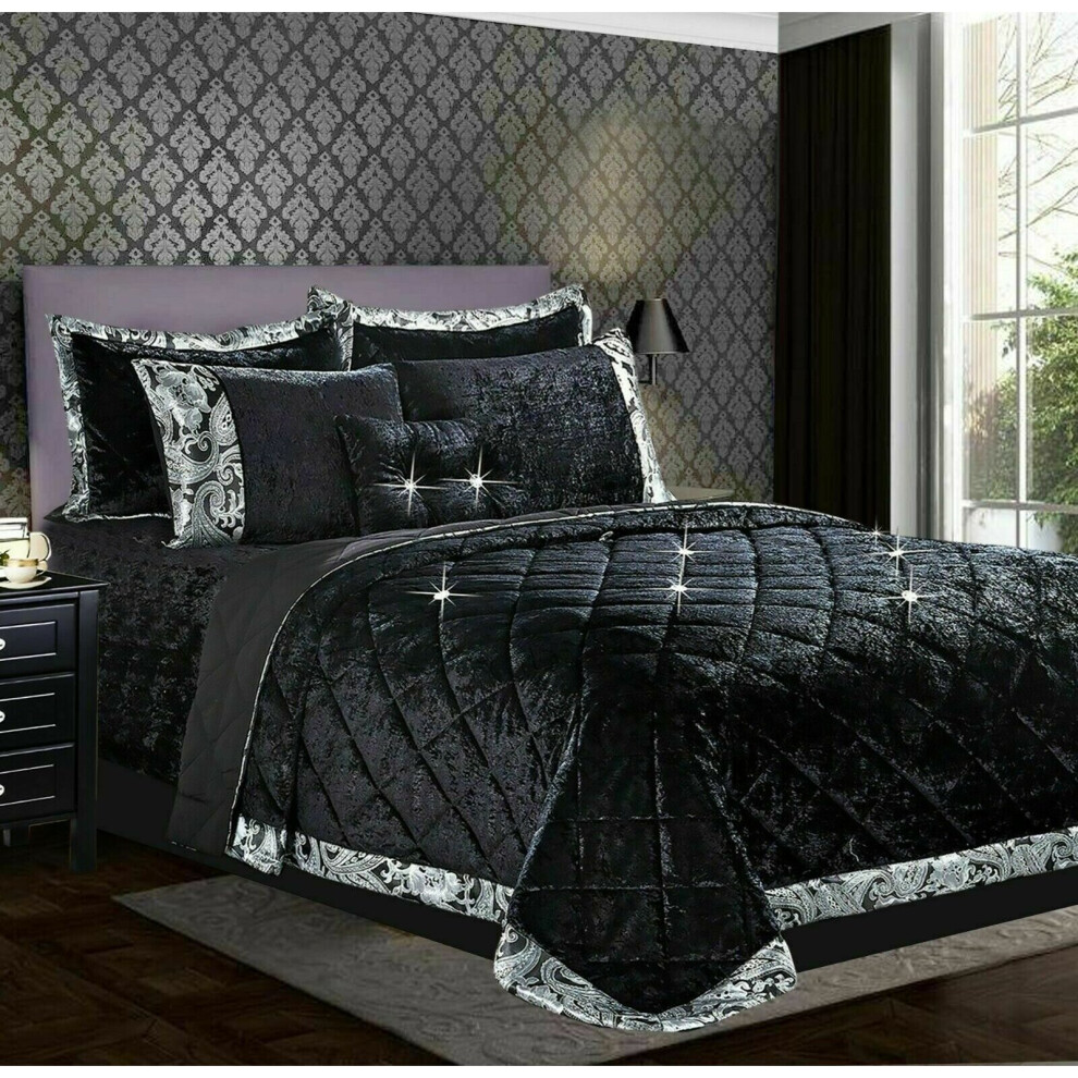 (Black, Super King) Luxury Crushed Santiago Velvet Bedspread Quilted Comforter Bed Throw Bedding Set