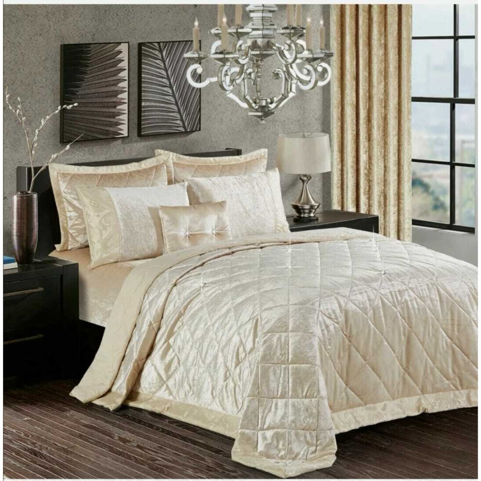 (Beige , Double) Luxury Crushed Santiago Velvet Bedspread Quilted Comforter Bed Throw Bedding Set