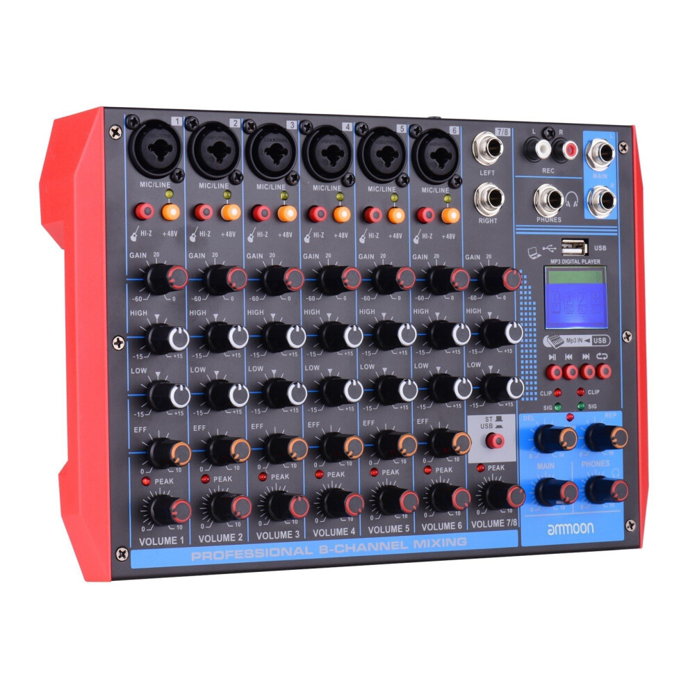 (US Plug) Portable 8-Channel Mixing Console Digital Audio Mixer +48V Phantom Power Supports BT/USB/MP3 Connection