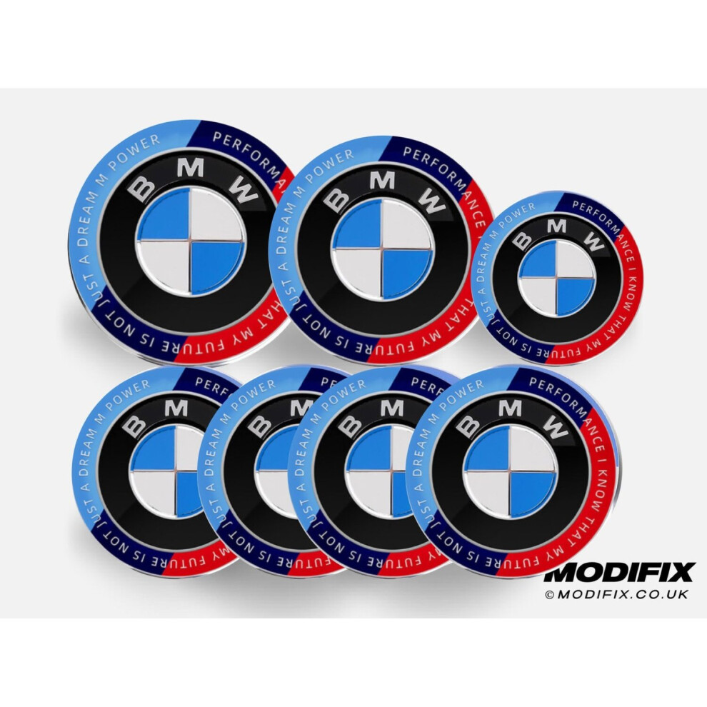 MODIFIX | BMW M Performance 50th Anniversary Emblem Badge Roundel Logo 7pcs Set: Front + Rear + Centre Caps + Steering Wheel Decal