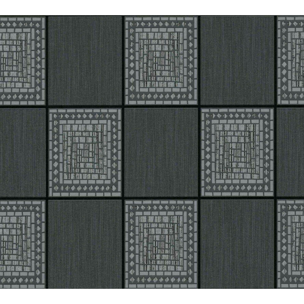 Mosaic Tiles Wallpaper Black Grey Silver Metallic Glitter Shimmer A.S Creation