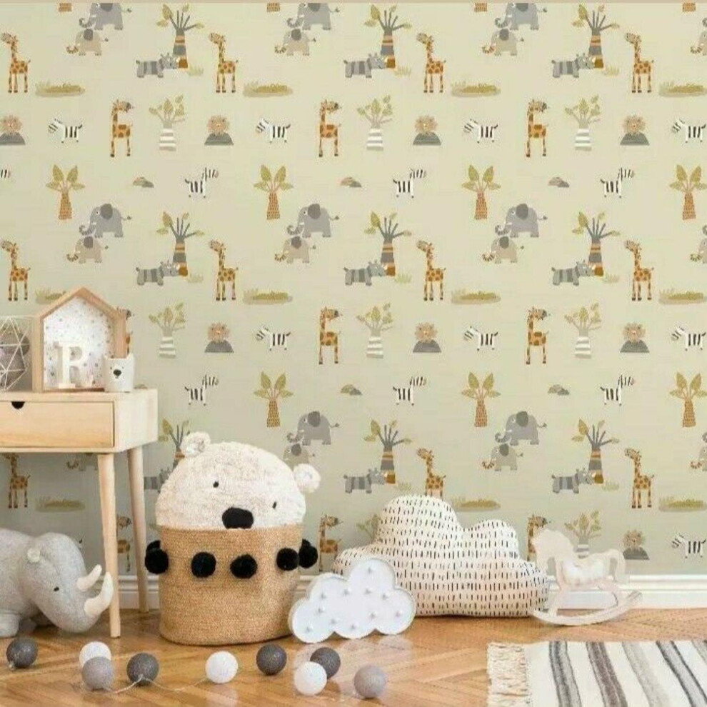 Kids Wallpaper Beige Background with Animals Safari Themed