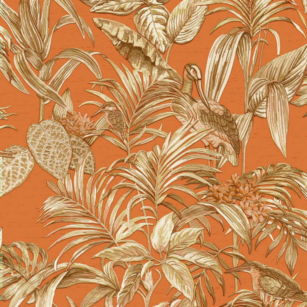 Orange Gold Tropical Wallpaper Birds Palm Textured Paste The Wall Vinyl 8809660031759