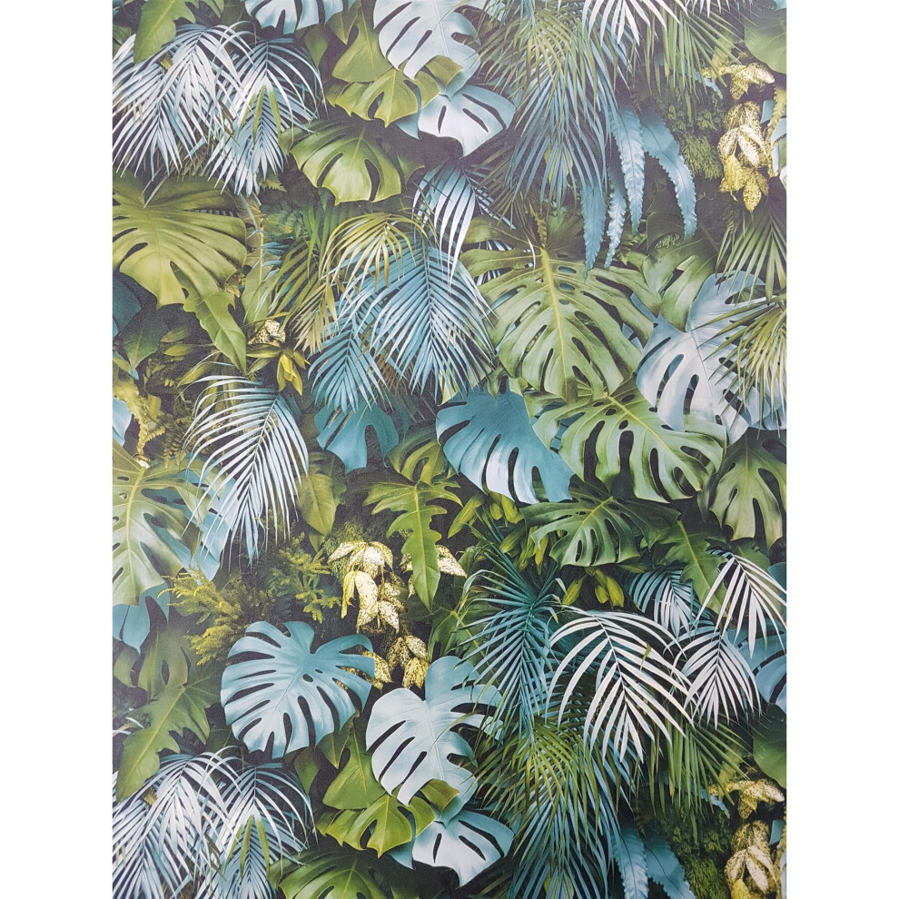 3D Effect Tropical Palm Leaf Wallpaper Green Blue Vinyl Paste Wall A.S Creation