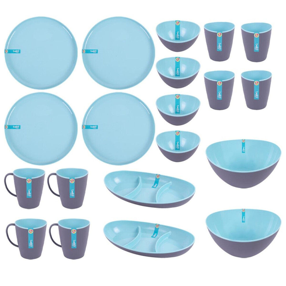 20pc Full Two Tone Plastic Dinner Set Reusable Camping Summer Party BBQ Plate Bowl Cups Picnic Caravan Mugs Snacks Tableware