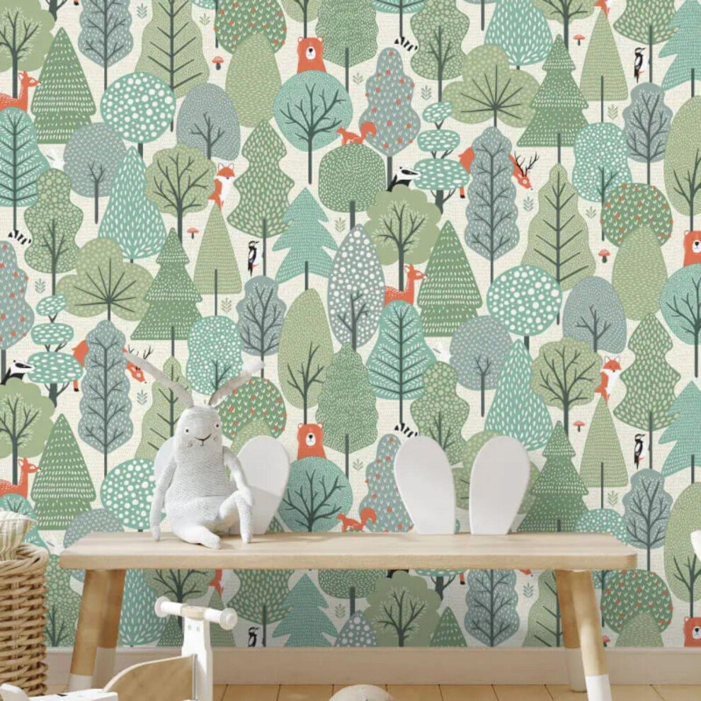 Muriva Sage Green Wild Woodland Wallpaper Kids Nursery Feature Wall