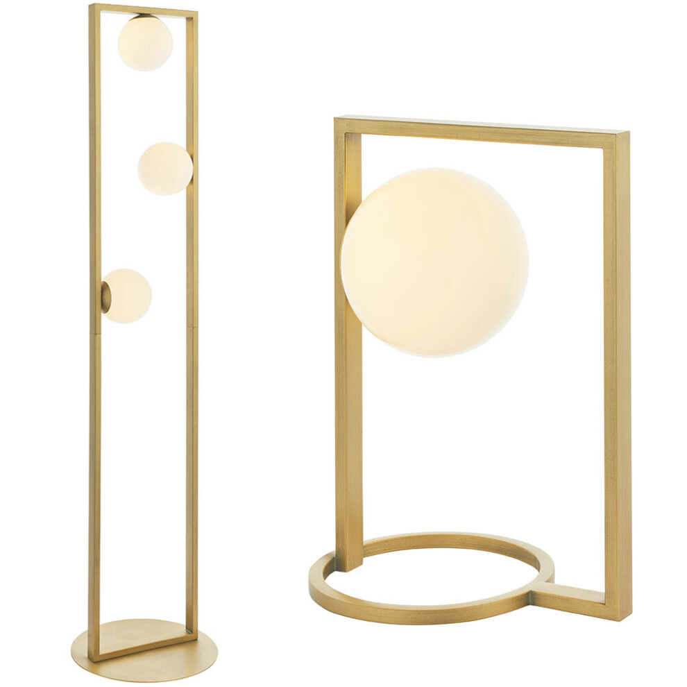 Brushed Gold Geometric Light Set - Floor & Table Lamp Bundle - Opal Glass Shades