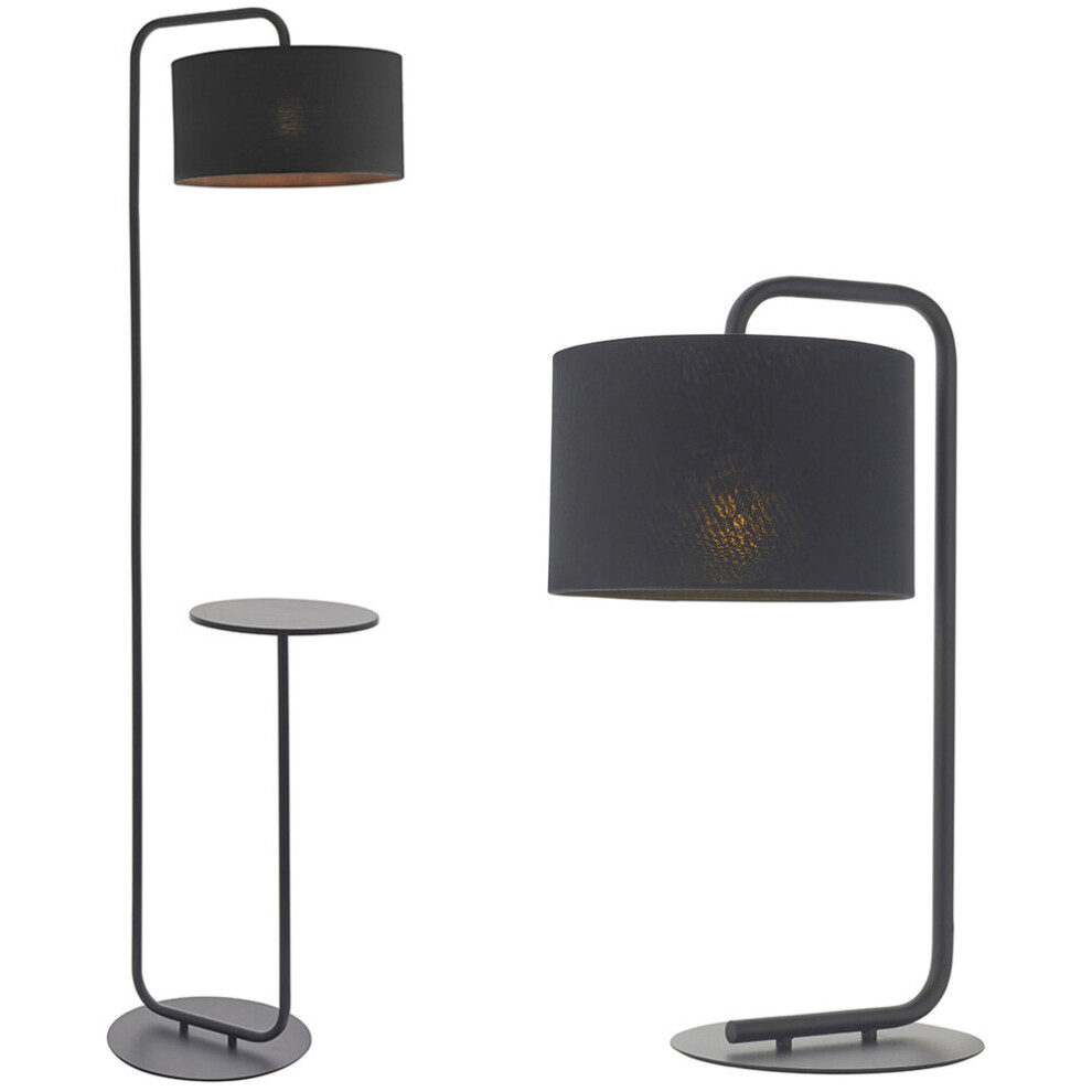 Satin Black Table Light Set - Floor & Table Lamp Bundle - Fabric Cylinder Shades