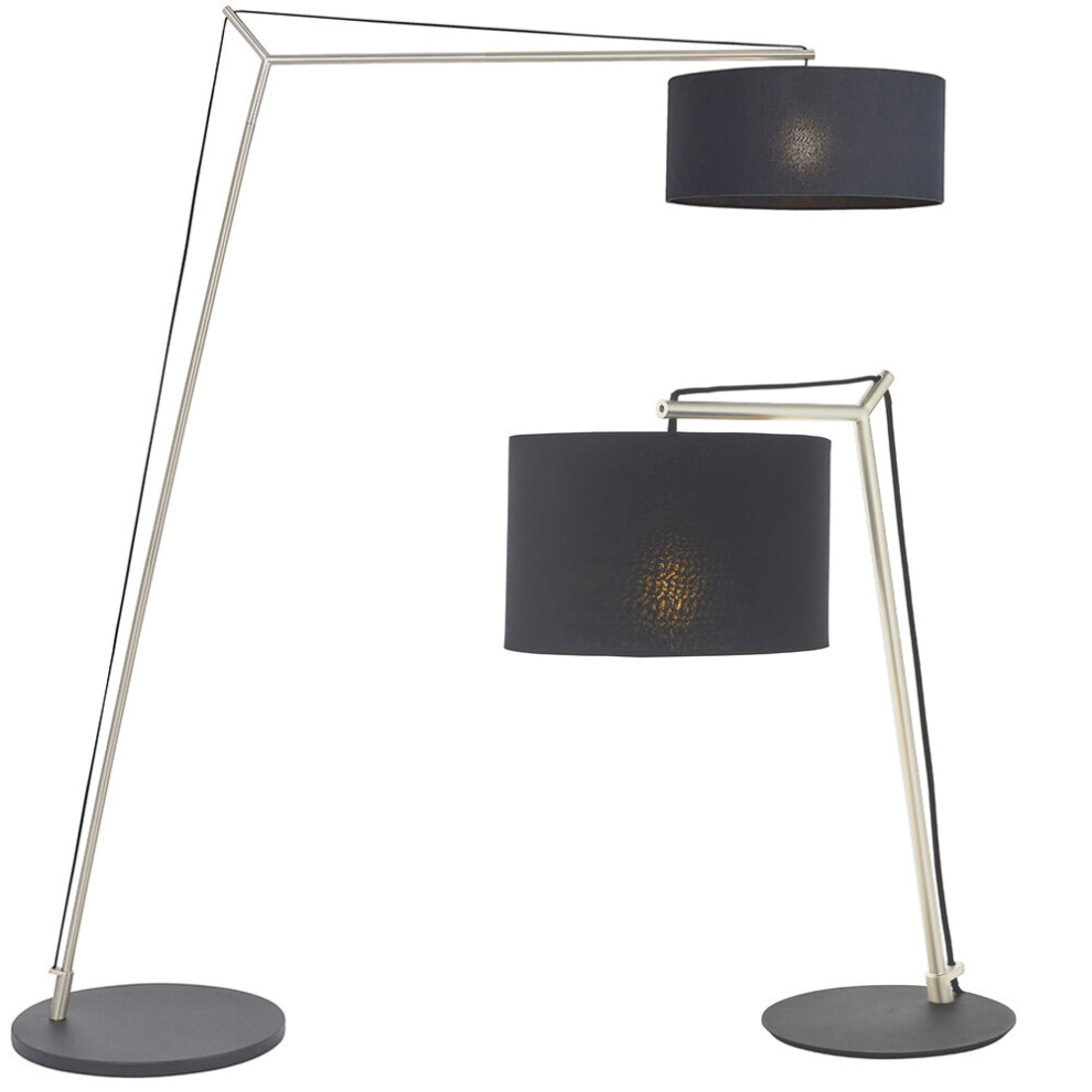 Angular Nickel Plate Light Set - Floor & Table Lamp Bundle - Black Cotton Shades