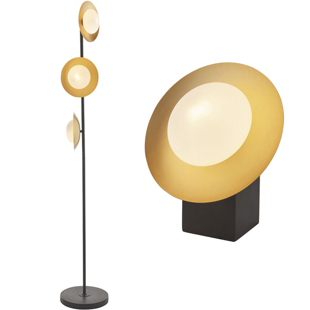 Loops & Dish Set - Floor & Table Lamp Bundle - Opal Glass Shades Gold/Bronze/Light