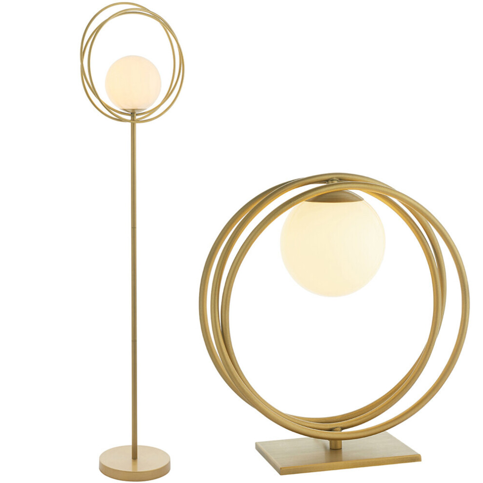 Brushed Gold Loop Light Set - Floor & Table Lamp Bundle - Opal Glass Shades