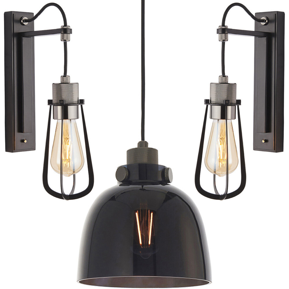 Matt Black Industrial Lights - Ceiling & 2x Wall Light Bundle - Tinted Glass