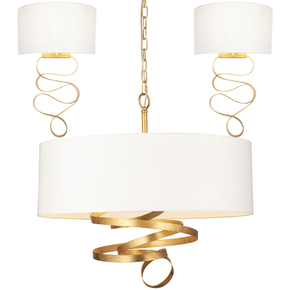 Gold Leaf Finish Ribbon Light Set - Ceiling & 2x Wall Light Bundle - Ivory Shade