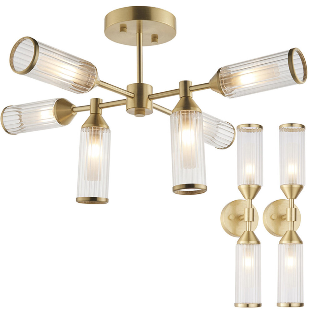 Satin Brass & Frosted Ribbed Glass Ceiling Light & 2x Wall Light Bundle