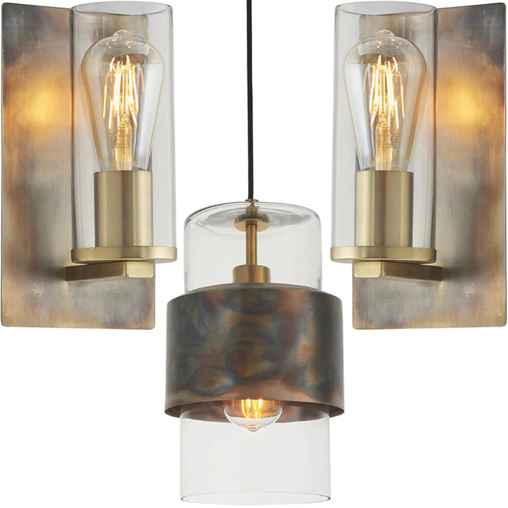 Bronze Patina Plate Lights - Ceiling & 2x Wall Light Bundle - Clear Glass Shades