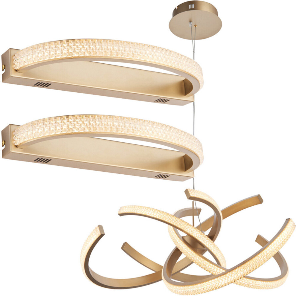 Satin Gold Contemporary Light Set - Pendant & 2x Wall Lighting Bundle - LED Tape