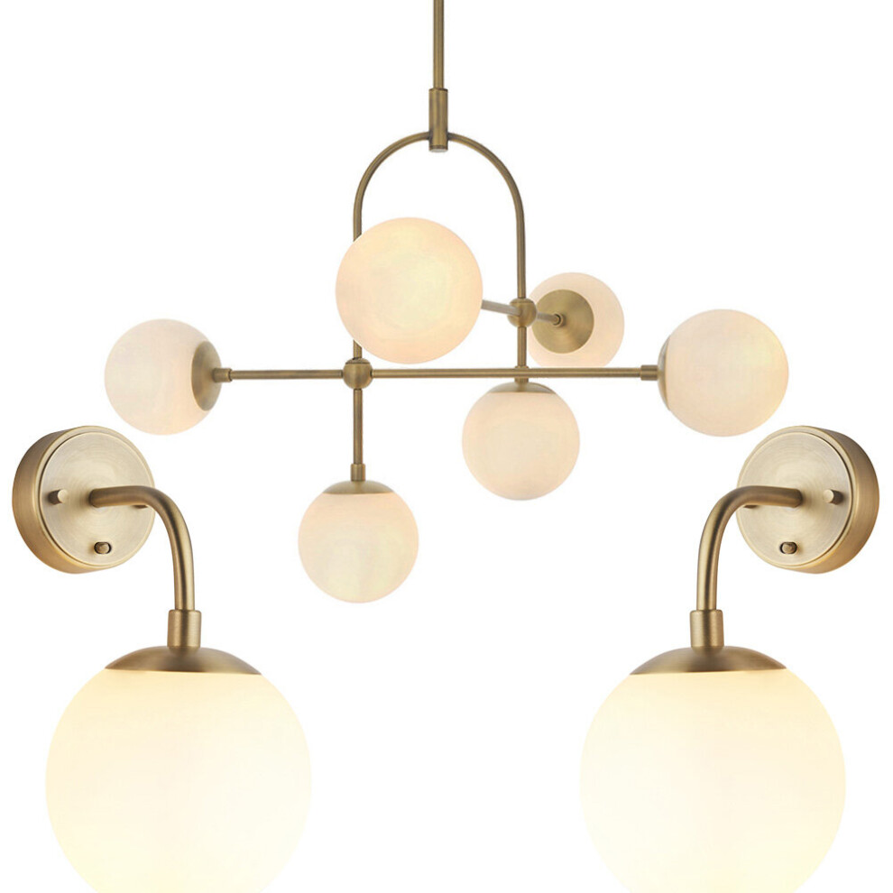 Antique Brass & Opal Glass 6 Bulb Ceiling Pendant & 2x Wall Light Bundle