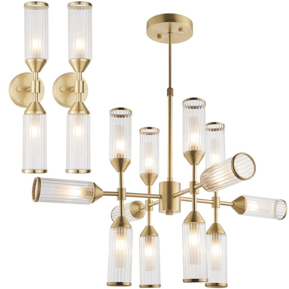 Satin Brass & Frosted Ribbed Glass Ceiling Pendant & 2x Wall Light Bundle