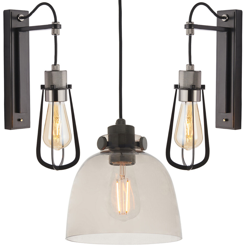 Matt Black Industrial Lights - Ceiling & 2x Wall Light Bundle - Smoked Glass