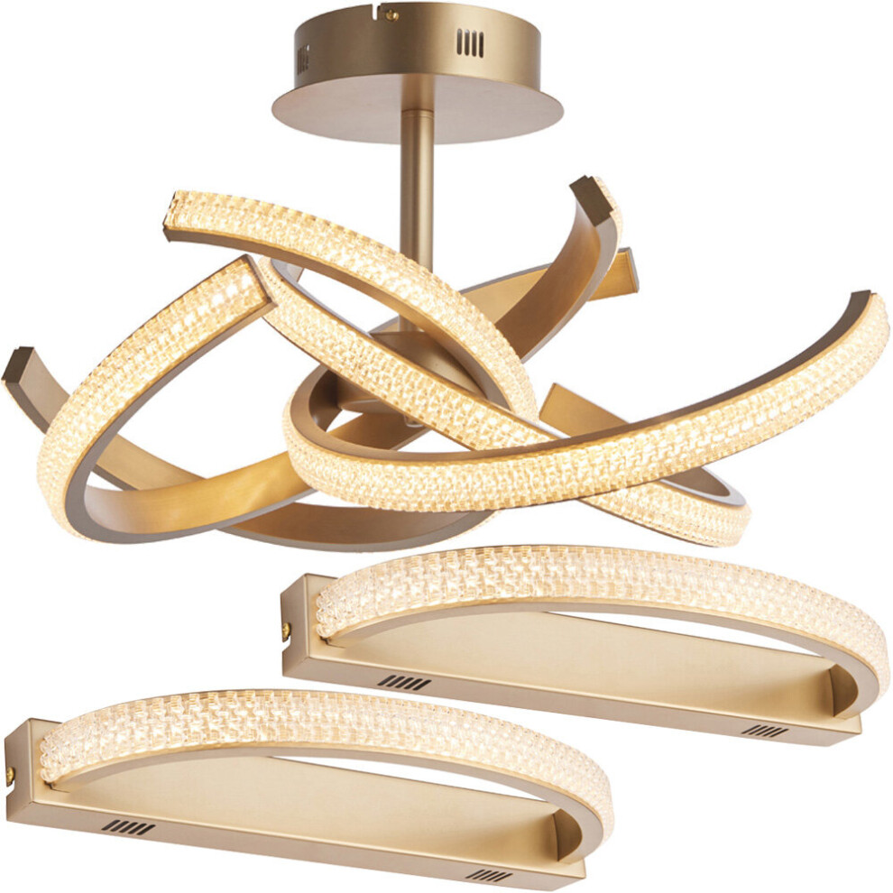 Satin Gold Contemporary Light Set - Ceiling & 2x Wall Lighting Bundle - LED Tape