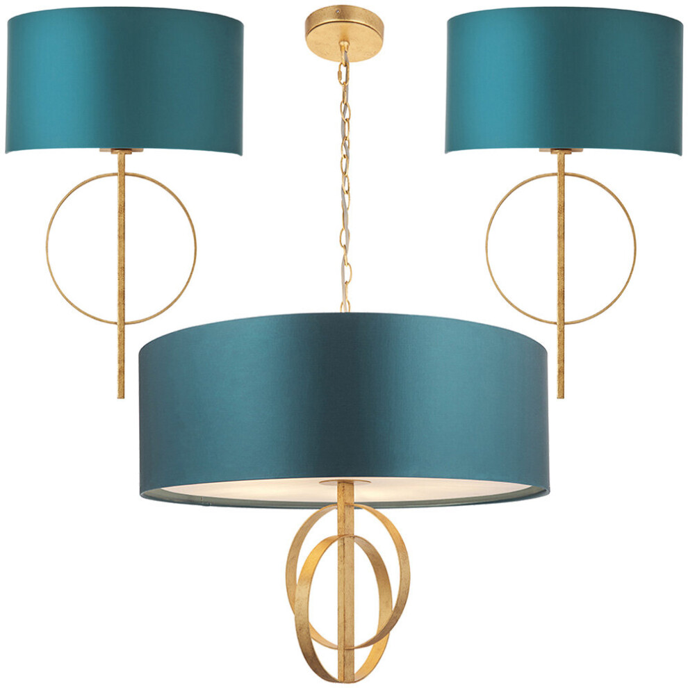 Antique Gold Hoop 5 Bulb Ceiling Pendant & 2x Wall Light Bundle - Teal Shade