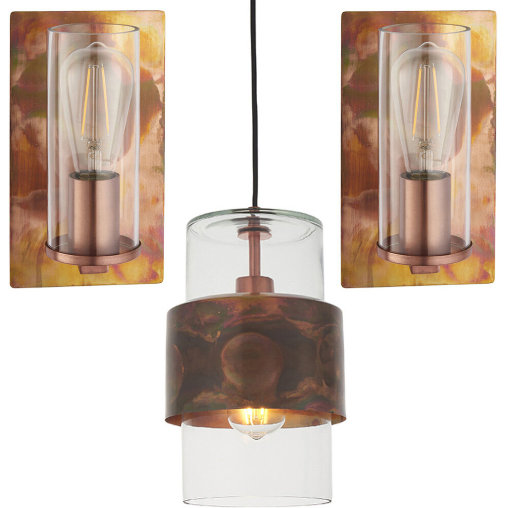 Copper Patina Plate Lights - Ceiling & 2x Wall Light Bundle - Clear Glass Shades