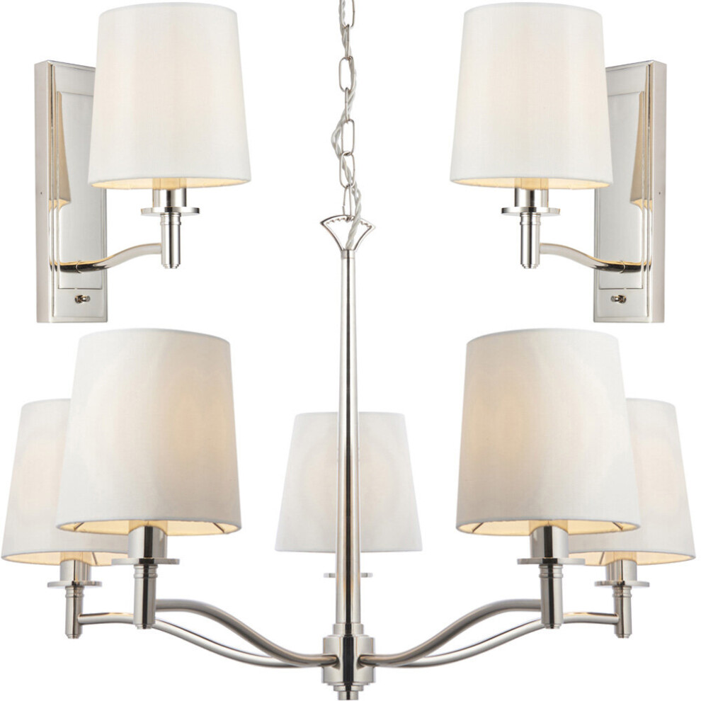 Vintage Nickel Light Set - 5 Lamp Ceiling & 2x Wall Light Bundle - White Shades