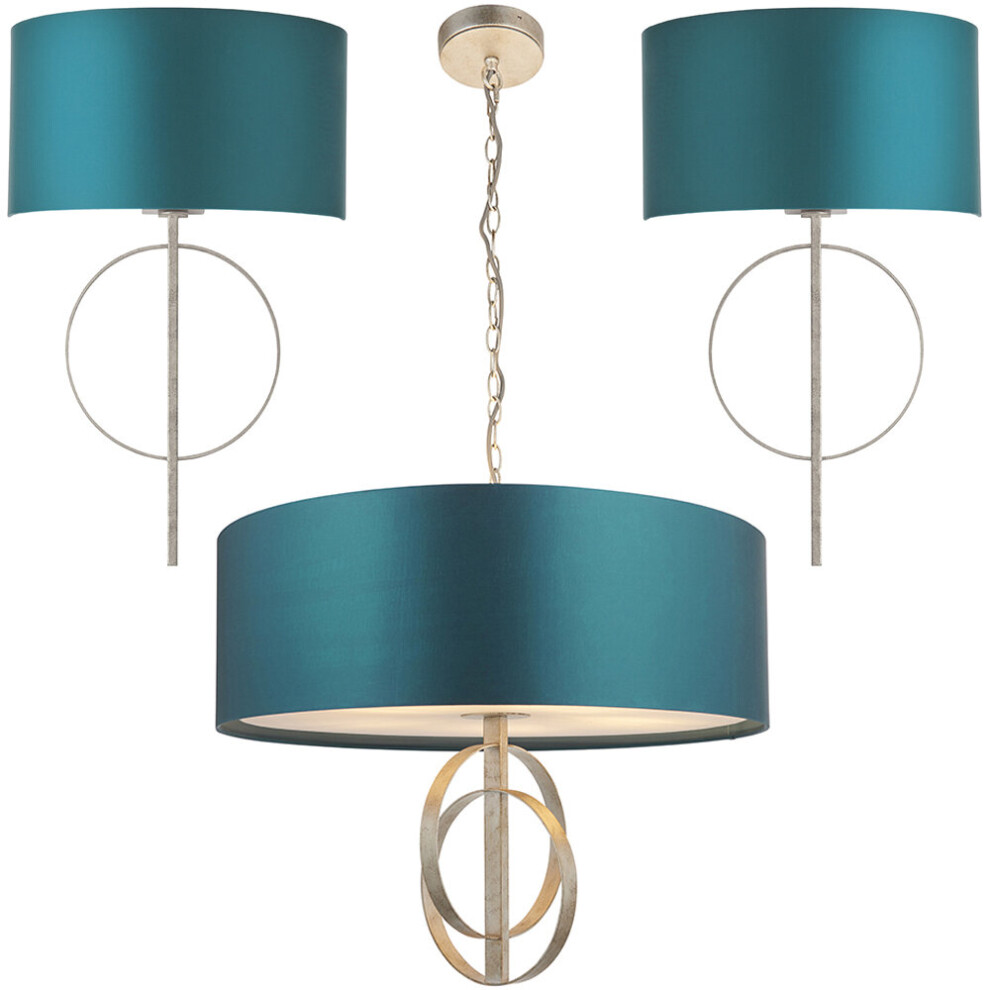 Antique Silver Hoop 5 Bulb Ceiling Pendant & 2x Wall Light Bundle - Teal Shade