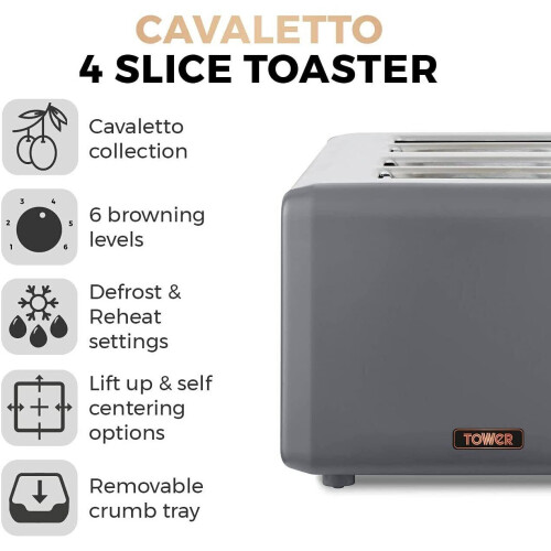 Tower Tower Grey Cavaletto Pyramid Kettle, 4 Slice Toaster, Bread Bin & 3 Canisters 2