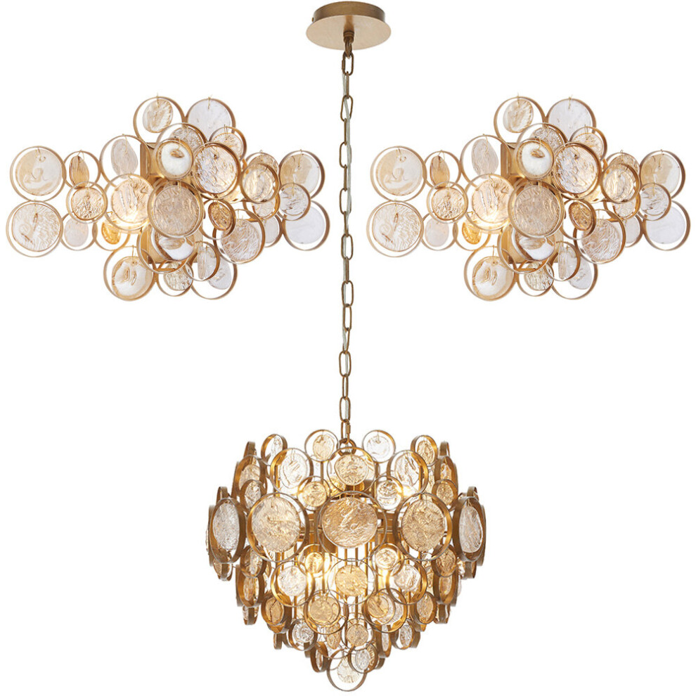 Loops Antique & Ornate Glass Lights - Ceiling & 2X Wall Bundle Gold/Amber/Light