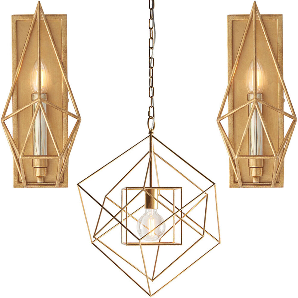 Angular Gold Leaf Lights - Ceiling & 2x Wall Light Bundle - Hammered Metalwork