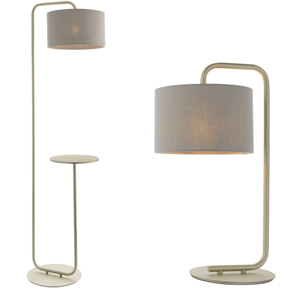 Satin Champagne Table Light Set - Floor & Table Lamp Bundle - Grey Fabric Shades