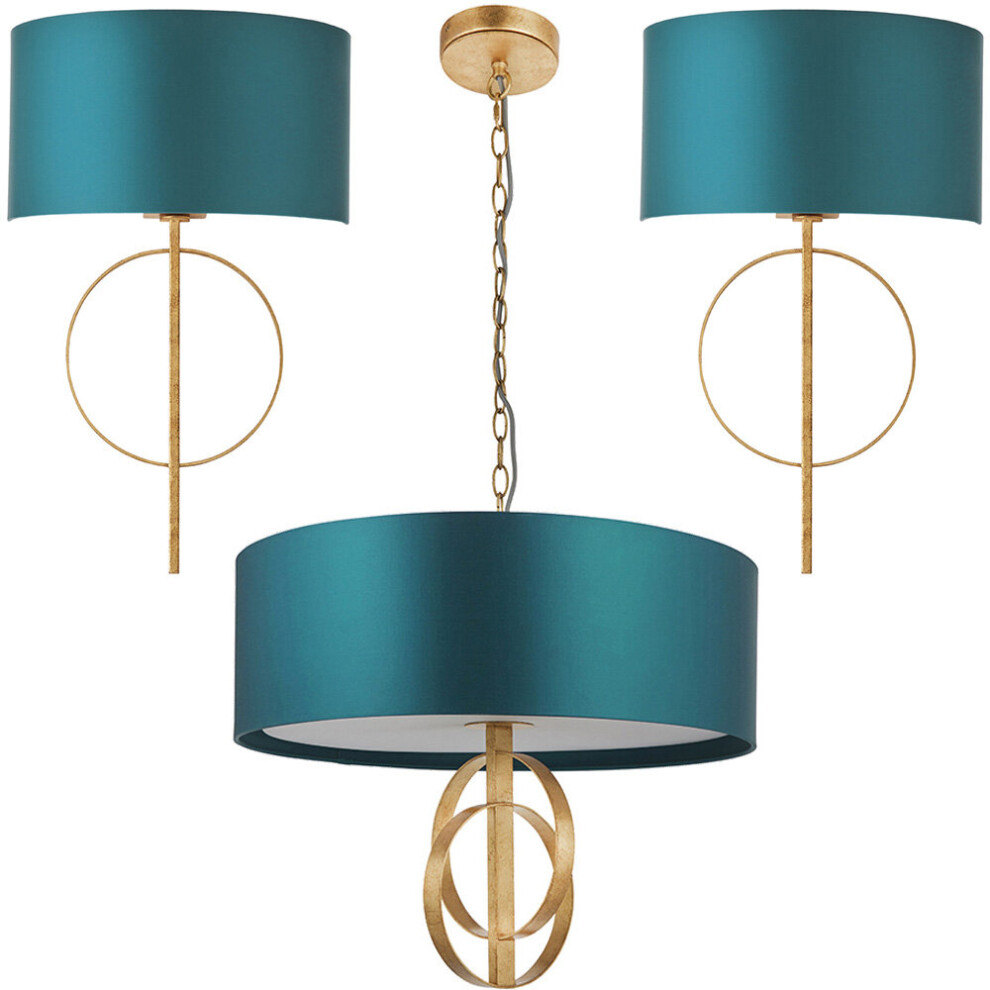 Antique Gold Hoop 3 Bulb Ceiling Pendant & 2x Wall Light Bundle - Teal Shade