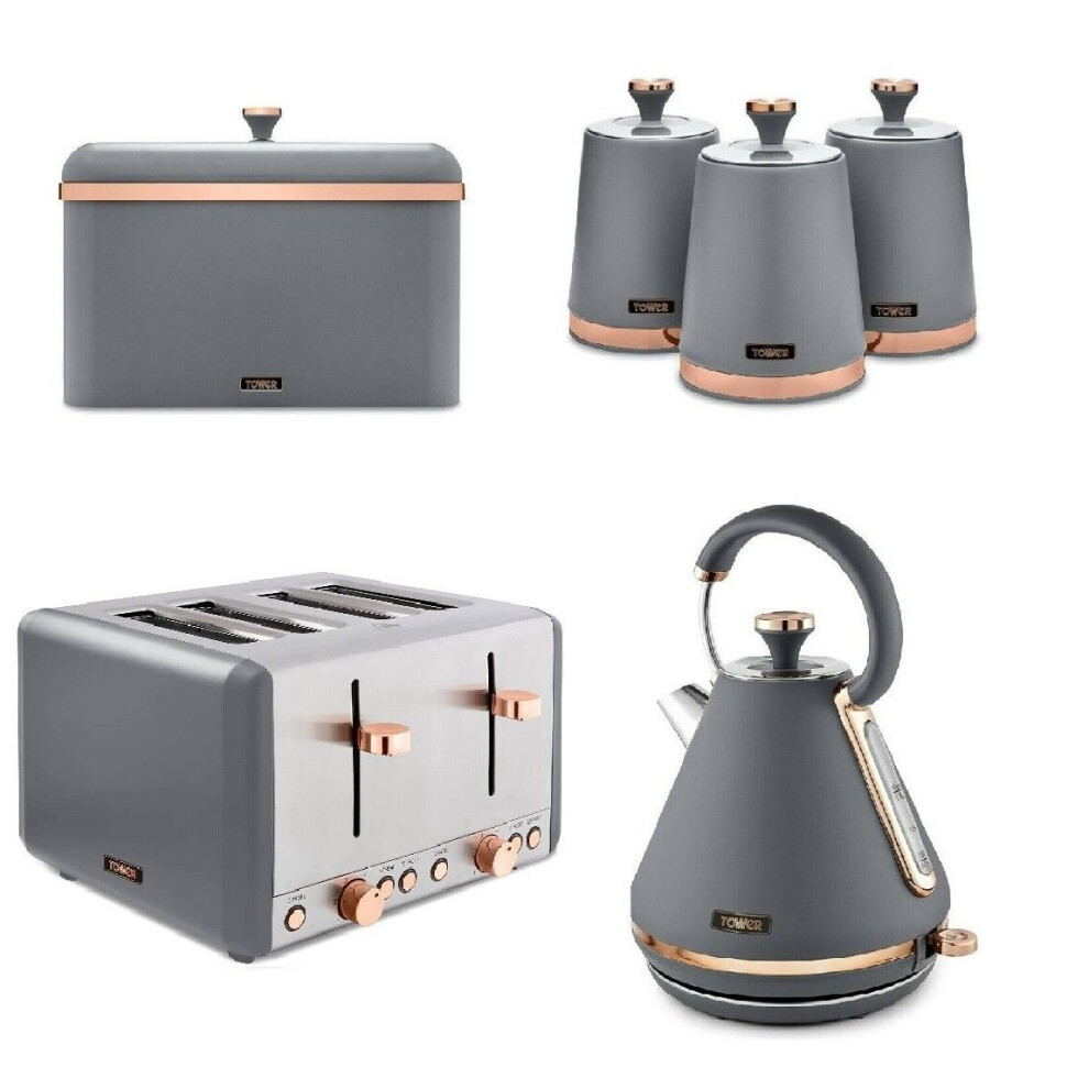 Tower Grey Cavaletto Pyramid Kettle, 4 Slice Toaster, Bread Bin & 3 Canisters