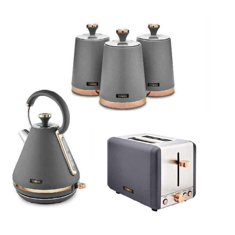 Tower Cavaletto 3Kw Pyramid Kettle 2 Slice Toaster, 3 Canisters Grey & Rose Gold Gold,Grey