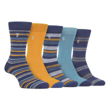 (6-11 UK, Navy / Blue) Farah - Mens 5 Pack Natural Organic Bamboo Striped Patterned Socks