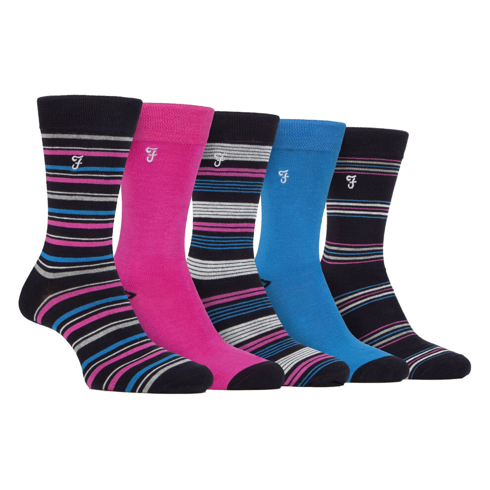 Farah (6-11 Uk, Charcoal / Pink) - Mens 5 Pack Natural Organic Bamboo Striped Patterned Socks Multicoloured